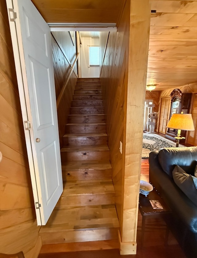 369 Deals Gap Rd, Robbinsville, NC 28771 - stairs featuring wood walls and wooden ceiling