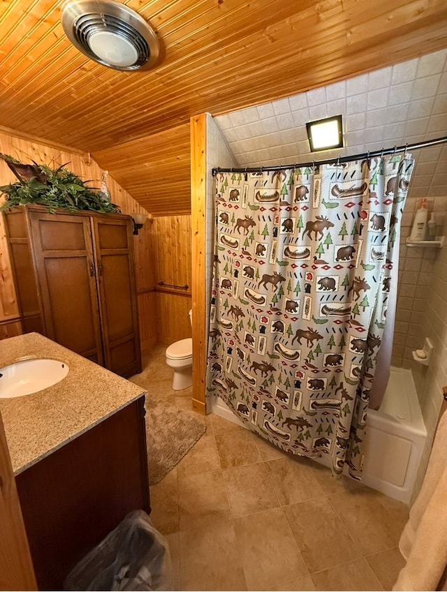 369 Deals Gap Rd, Robbinsville, NC 28771 - bathroom featuring vanity, shower / bath combination with curtain, toilet, wood walls, and wood ceiling