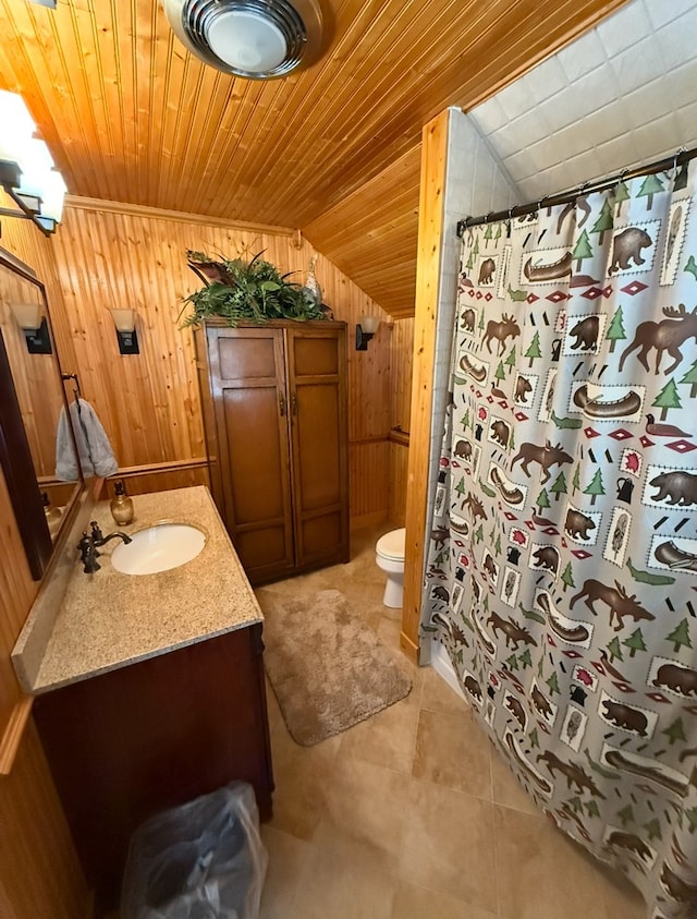 369 Deals Gap Rd, Robbinsville, NC 28771 - full bathroom featuring vanity, tile patterned floors, toilet, wood walls, and wood ceiling
