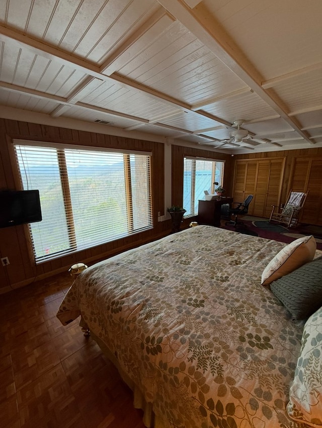 369 Deals Gap Rd, Robbinsville, NC 28771 - bedroom with wooden walls, wood ceiling, and beamed ceiling