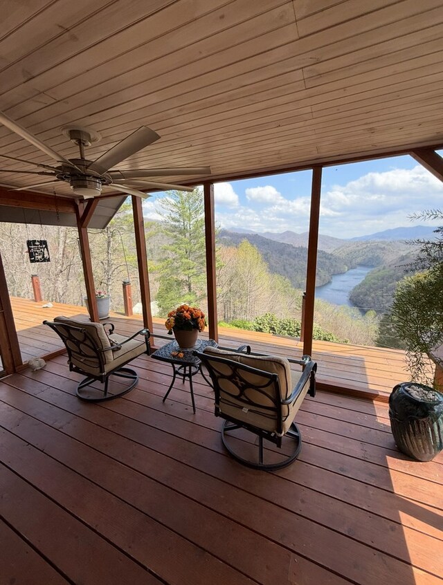 369 Deals Gap Rd, Robbinsville, NC 28771 - deck featuring a mountain view and a ceiling fan