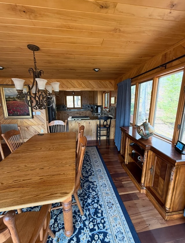 369 Deals Gap Rd, Robbinsville, NC 28771 - dining space featuring wooden walls, a notable chandelier, wooden ceiling, and dark wood-style floors