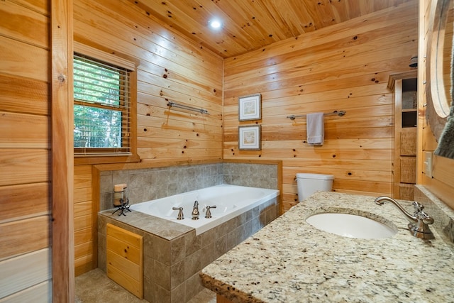 bathroom with tiled tub, wood ceiling, toilet, and wooden walls