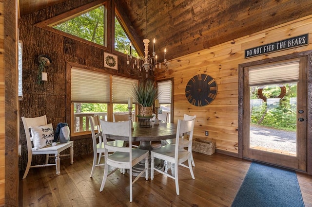 9 Quail Holw, Blue Ridge, GA 30513 - dining room with wooden walls, high vaulted ceiling, a chandelier, and hardwood / wood-style floors