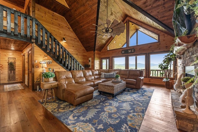 9 Quail Holw, Blue Ridge, GA 30513 - living area featuring wood ceiling, hardwood / wood-style floors, stairs, wood walls, and high vaulted ceiling