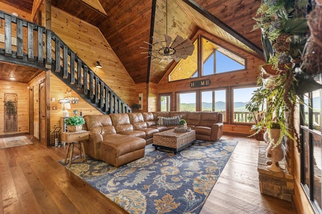 9 Quail Holw, Blue Ridge, GA 30513 - living area with wood ceiling, hardwood / wood-style floors, lofted ceiling, stairway, and wood walls