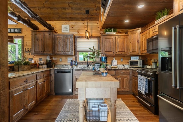 9 Quail Holw, Blue Ridge, GA 30513 - kitchen with appliances with stainless steel finishes, healthy amount of natural light, butcher block countertops, wooden ceiling, and dark wood-style floors