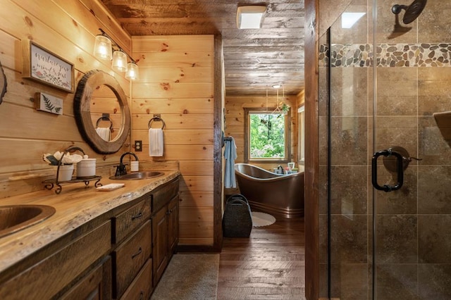 9 Quail Holw, Blue Ridge, GA 30513 - full bath featuring double vanity, wooden ceiling, wood-type flooring, a freestanding bath, and a stall shower