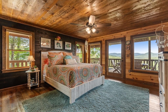 9 Quail Holw, Blue Ridge, GA 30513 - bedroom with wood ceiling, access to exterior, wood walls, hardwood / wood-style flooring, and a mountain view
