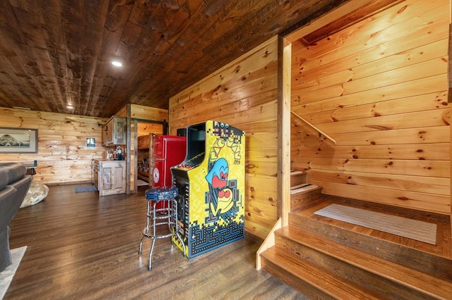 9 Quail Holw, Blue Ridge, GA 30513 - playroom featuring wood ceiling, wooden walls, and dark wood finished floors