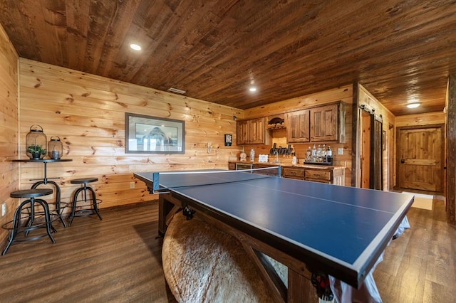 9 Quail Holw, Blue Ridge, GA 30513 - playroom featuring wooden ceiling, bar area, dark wood-style flooring, wood walls, and recessed lighting