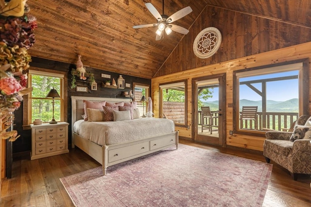 9 Quail Holw, Blue Ridge, GA 30513 - bedroom with access to outside, wooden walls, hardwood / wood-style floors, high vaulted ceiling, and wooden ceiling