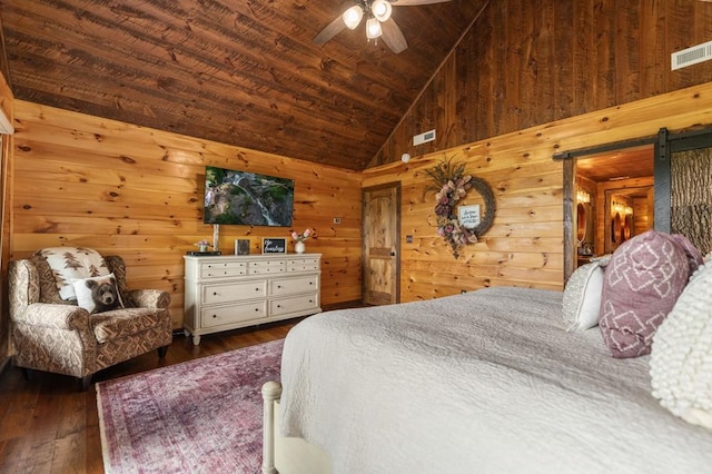 9 Quail Holw, Blue Ridge, GA 30513 - bedroom with wooden walls, hardwood / wood-style floors, high vaulted ceiling, a barn door, and wood ceiling