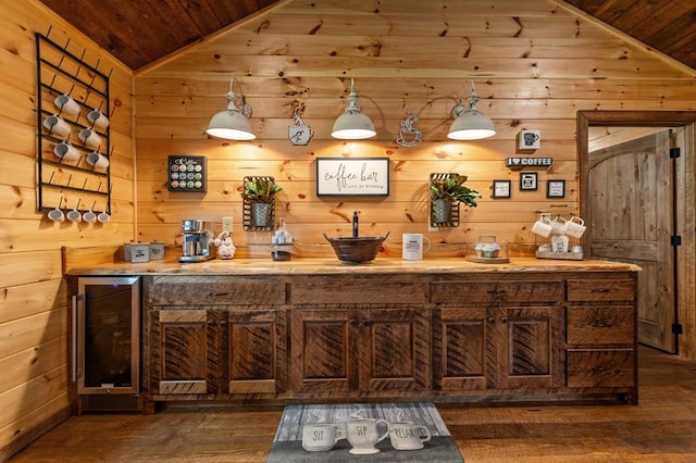 9 Quail Holw, Blue Ridge, GA 30513 - bar area featuring wooden ceiling, lofted ceiling, wine cooler, dark wood finished floors, and wooden walls