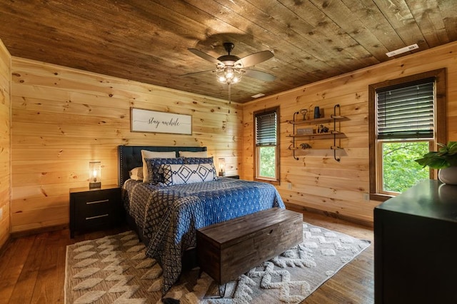9 Quail Holw, Blue Ridge, GA 30513 - bedroom with wood ceiling, hardwood / wood-style flooring, wooden walls, and ceiling fan