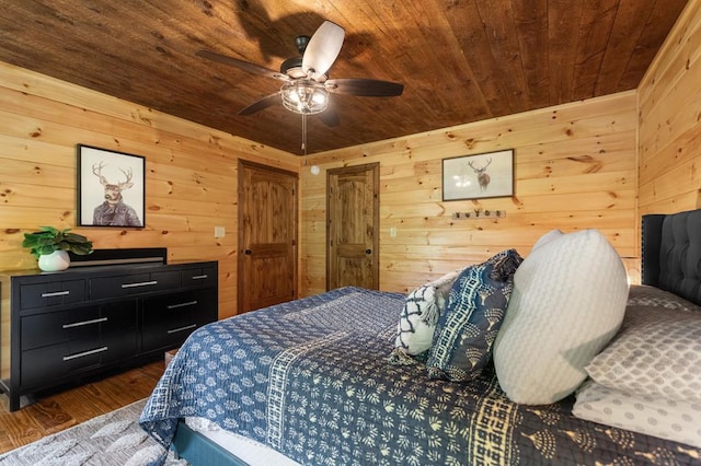 9 Quail Holw, Blue Ridge, GA 30513 - bedroom featuring wood ceiling, wooden walls, wood finished floors, and a ceiling fan