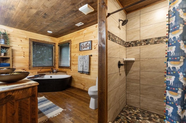 9 Quail Holw, Blue Ridge, GA 30513 - full bath featuring hardwood / wood-style floors, wooden walls, a stall shower, wooden ceiling, and vanity