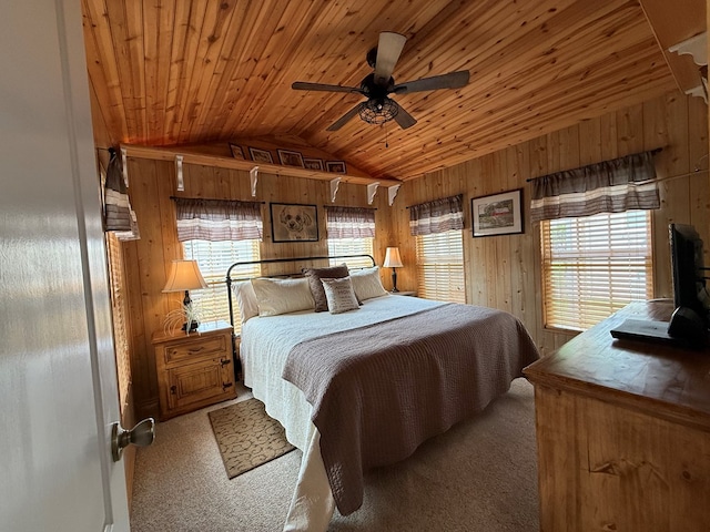 carpeted bedroom with wood ceiling, wood walls, and lofted ceiling