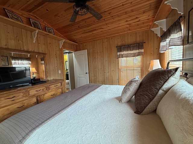 bedroom featuring wood ceiling, ceiling fan, wood walls, and lofted ceiling