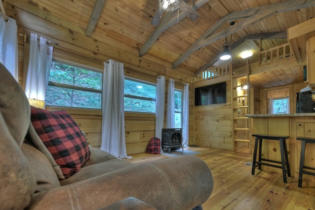 sitting room with light wood-style flooring, wooden ceiling, wood walls, ceiling fan, and a wood stove