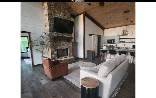 living room featuring a stone fireplace, dark wood-type flooring, high vaulted ceiling, and wood ceiling