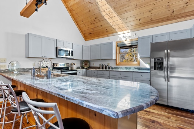 kitchen featuring appliances with stainless steel finishes, kitchen peninsula, light stone counters, high vaulted ceiling, and light hardwood / wood-style flooring