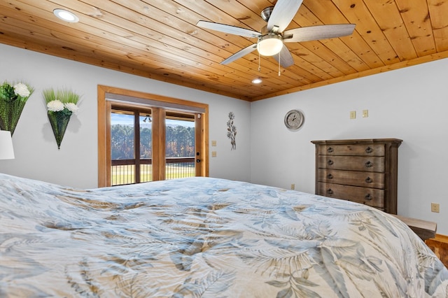 bedroom with ceiling fan, wood ceiling, hardwood / wood-style floors, and access to exterior