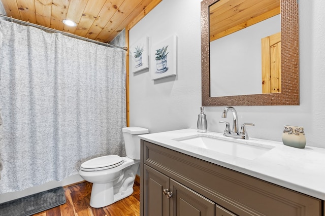 bathroom featuring wood-type flooring, curtained shower, wood ceiling, toilet, and vanity