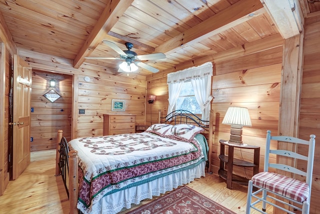 bedroom featuring beam ceiling, light wood-type flooring, wooden walls, and wooden ceiling