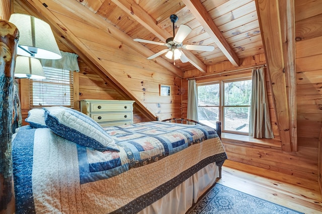 bedroom with wood walls, hardwood / wood-style flooring, vaulted ceiling with beams, and wooden ceiling