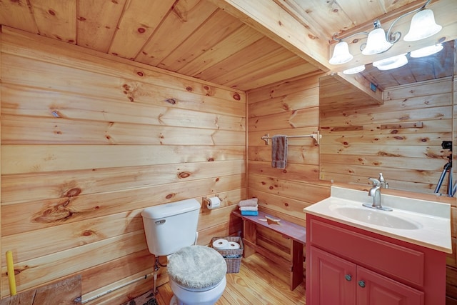 bathroom with wood finished floors, vanity, toilet, and wooden ceiling