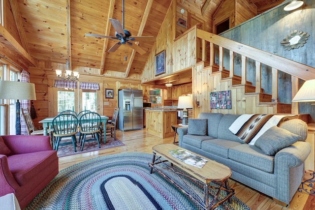 living room with wooden ceiling, beamed ceiling, light wood finished floors, high vaulted ceiling, and wooden walls