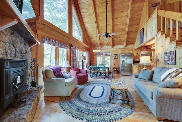 living area featuring wooden walls, high vaulted ceiling, light wood finished floors, and wooden ceiling