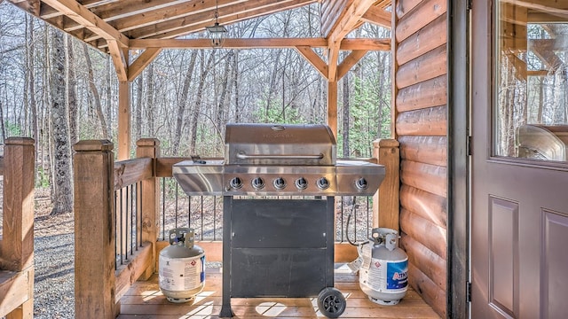 150 Laurel Trce, Blue Ridge, GA 30513 - view of patio / terrace with grilling area and a forest view
