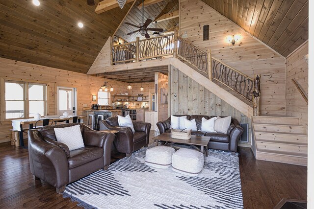 150 Laurel Trce, Blue Ridge, GA 30513 - living room featuring high vaulted ceiling, wood walls, wood ceiling, a ceiling fan, and stairs