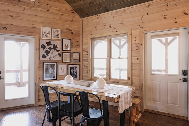 150 Laurel Trce, Blue Ridge, GA 30513 - dining space featuring vaulted ceiling, plenty of natural light, wooden walls, dark wood-style flooring, and wooden ceiling