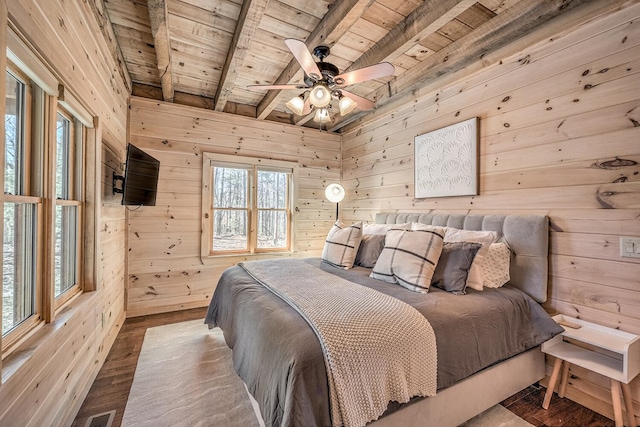 150 Laurel Trce, Blue Ridge, GA 30513 - bedroom featuring wood ceiling with exposed beams, wood walls, hardwood / wood-style floors, and a ceiling fan