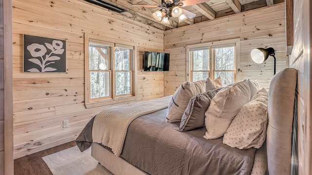 150 Laurel Trce, Blue Ridge, GA 30513 - bedroom featuring wooden walls, wood ceiling with exposed beams, and wood finished floors