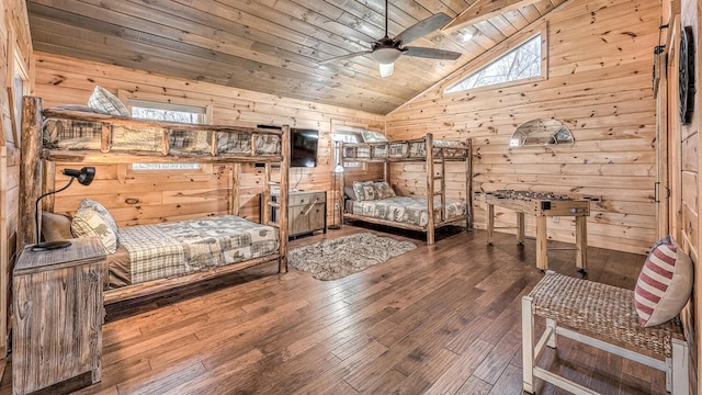 150 Laurel Trce, Blue Ridge, GA 30513 - bedroom with wood walls, wood ceiling, hardwood / wood-style floors, and high vaulted ceiling