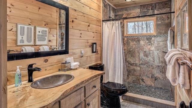 150 Laurel Trce, Blue Ridge, GA 30513 - bathroom featuring a tile shower, vanity, wood walls, and toilet