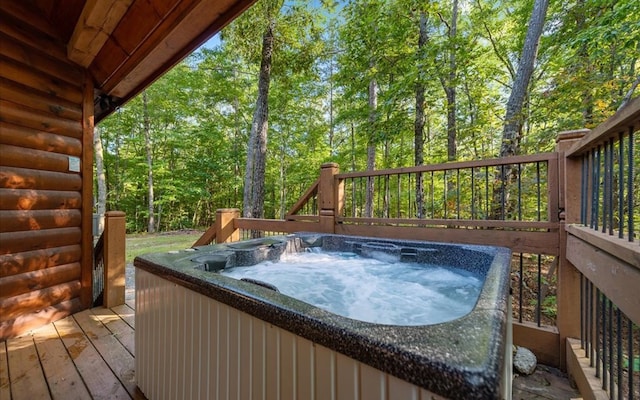 150 Laurel Trce, Blue Ridge, GA 30513 - wooden terrace featuring a hot tub and a view of trees