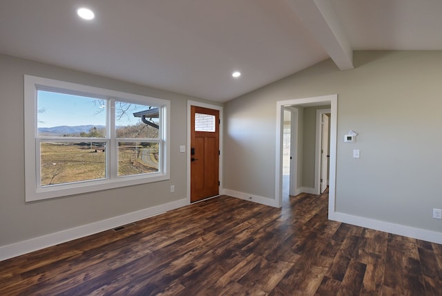 16 Sims Rd, Hiawassee, GA 30546 - entrance foyer featuring baseboards, dark wood finished floors, lofted ceiling with beams, a mountain view, and recessed lighting