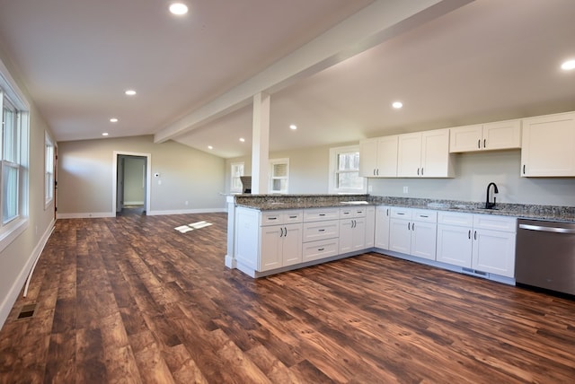 16 Sims Rd, Hiawassee, GA 30546 - kitchen featuring visible vents, dishwasher, light stone counters, open floor plan, and white cabinetry