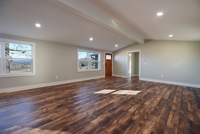 16 Sims Rd, Hiawassee, GA 30546 - unfurnished room with recessed lighting, dark wood finished floors, lofted ceiling with beams, and baseboards