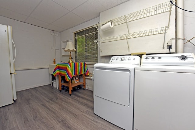 clothes washing area with laundry area, wood finished floors, and washer and clothes dryer
