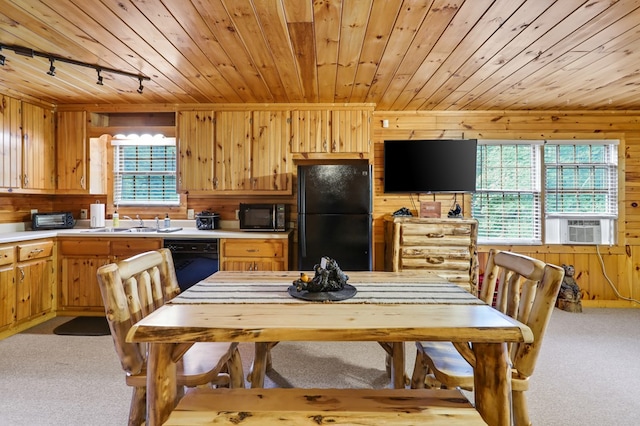 kitchen featuring a wealth of natural light, light colored carpet, wooden walls, and black appliances