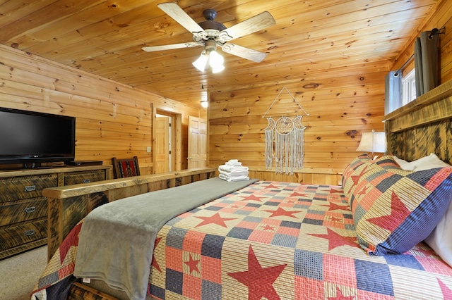 bedroom featuring wood ceiling, wooden walls, and ceiling fan