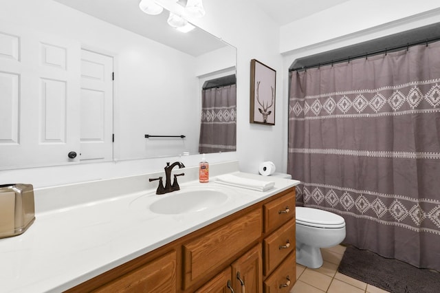 bathroom with walk in shower, tile patterned floors, toilet, and vanity