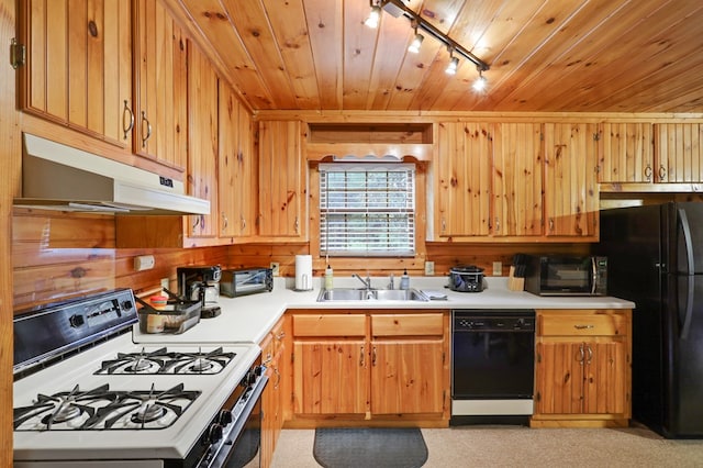 kitchen with rail lighting, sink, wood ceiling, and black appliances