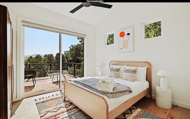 bedroom with wood-type flooring, ceiling fan, access to outside, and lofted ceiling